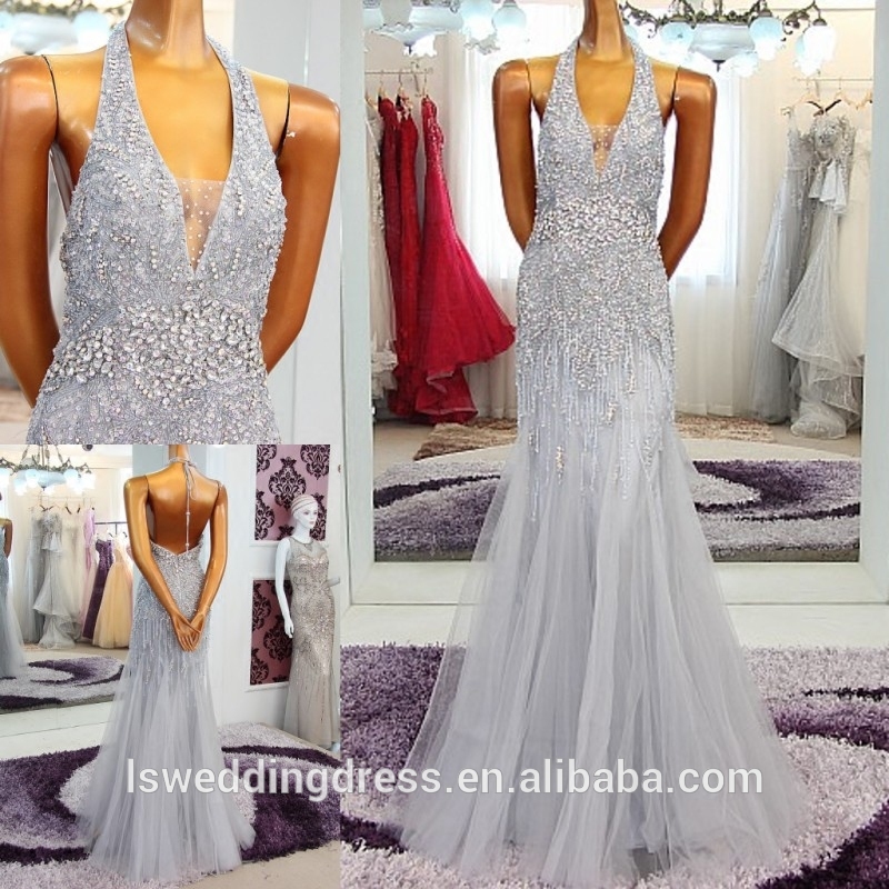 RP50064シルバー背中の開いたシニーdress2015深いネックプリントビーズ牡丹aラインイブニングドレスウエディングドレスホルターイブニングドレス-プラスサイズドレス、スカート問屋・仕入れ・卸・卸売り
