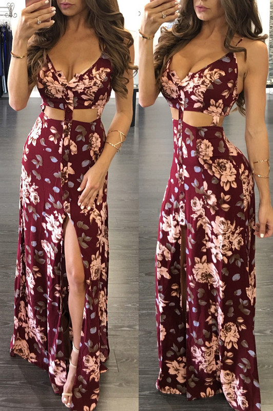 B30561Aヨーロッパとアメリカのファッションエスニック花プリントセクシーなシングルブレストオープン胸ホルタースプリットクラブドレス-プラスサイズドレス、スカート問屋・仕入れ・卸・卸売り