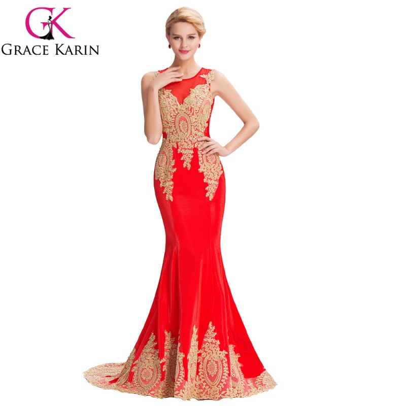 グレースカリン2016ノースリーブエレガントゴールデンアップリケボールガウンレッドイブニングドレスabendkleid GK000026-3-イブニングドレス問屋・仕入れ・卸・卸売り