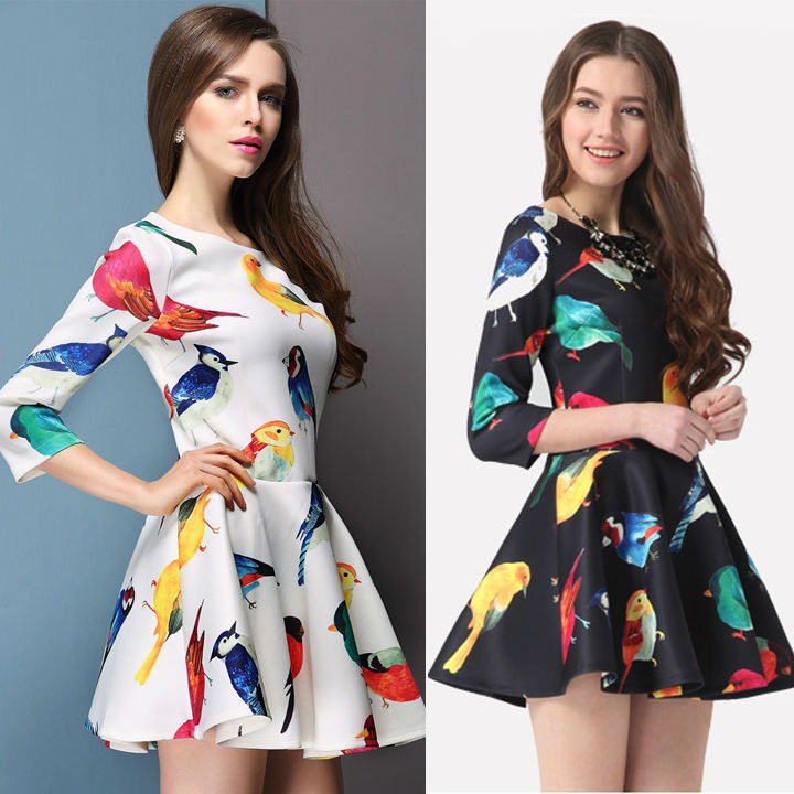 女の子walsonアウトレット婦人カジュアルなドレスの写真優雅な新鮮な鳥の花柄の袖のドレススリム3/42cのデファクトinstylイン-プラスサイズドレス、スカート問屋・仕入れ・卸・卸売り