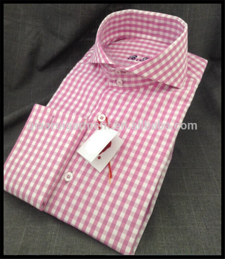 メンズ高品質の長い袖カッタウェイの襟のピンクのチェック柄シャツフレンチカフ-プラスサイズシャツ、ブラウス問屋・仕入れ・卸・卸売り
