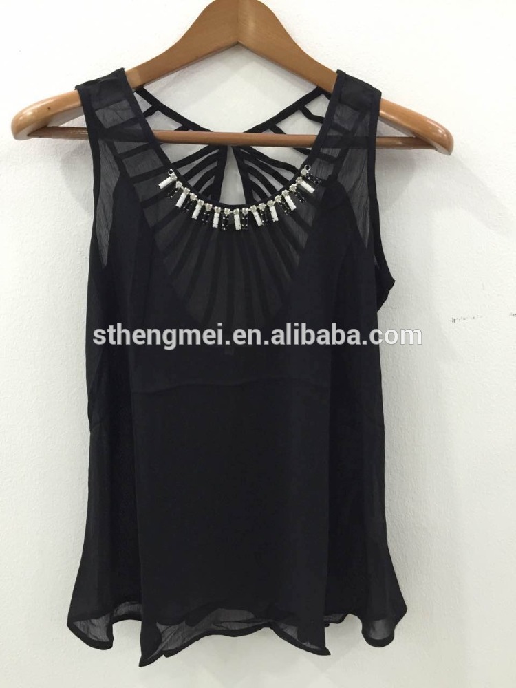 最新のファッションデザインセクシーな女性シースルーシフォンスタイルバルク黒タンクトップス-タンクトップ問屋・仕入れ・卸・卸売り