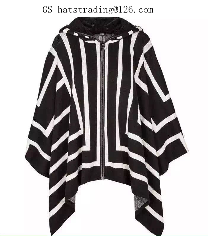 Lady's冬服カシミヤzebrastripeポンチョ付きジッパーとフード-セーター問屋・仕入れ・卸・卸売り