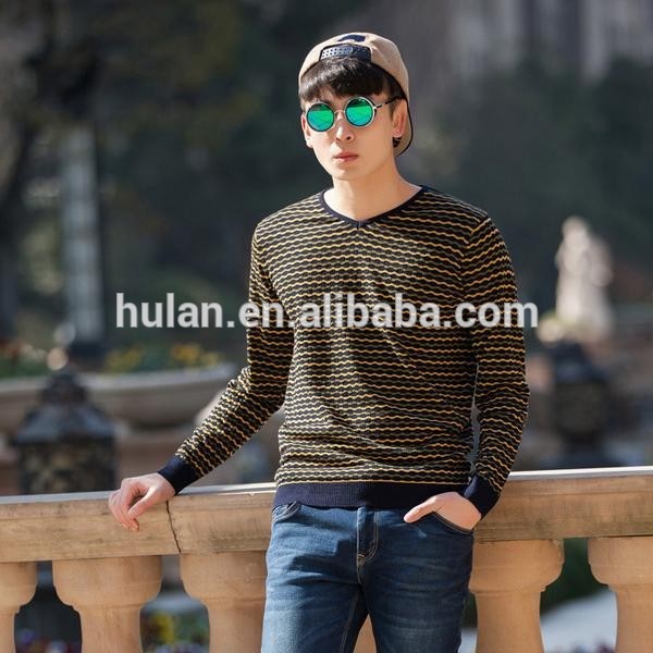 2015熱い販売ファッショナブルvネックロングスリーブストライププリント男性のウールのセーター-セーター問屋・仕入れ・卸・卸売り