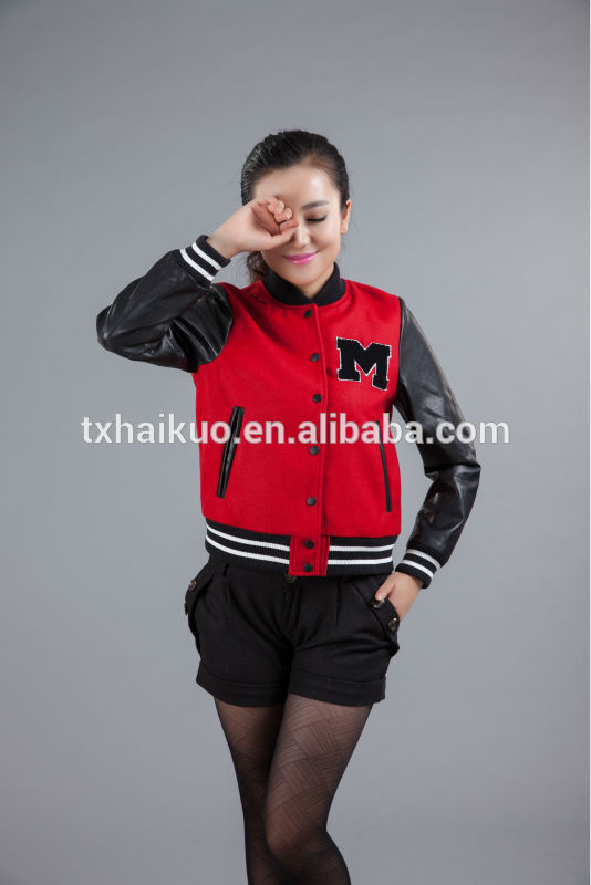女の子のファッション" m" 手紙ウールの野球のジャケットと本物のラムスリーブ-ジャケット問屋・仕入れ・卸・卸売り