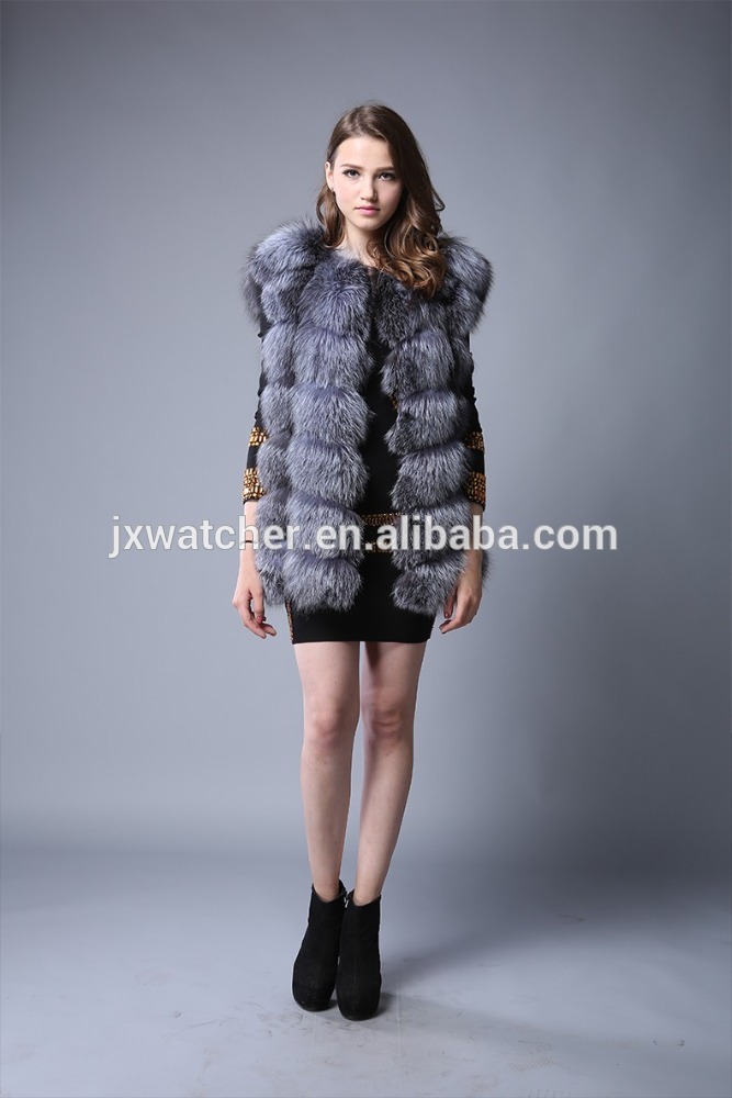 2015New100%リアルフォックス毛皮の女性の毛皮チョッキ女の子gilets長い上着シルバーフォックスの毛皮のベスト-ベスト問屋・仕入れ・卸・卸売り