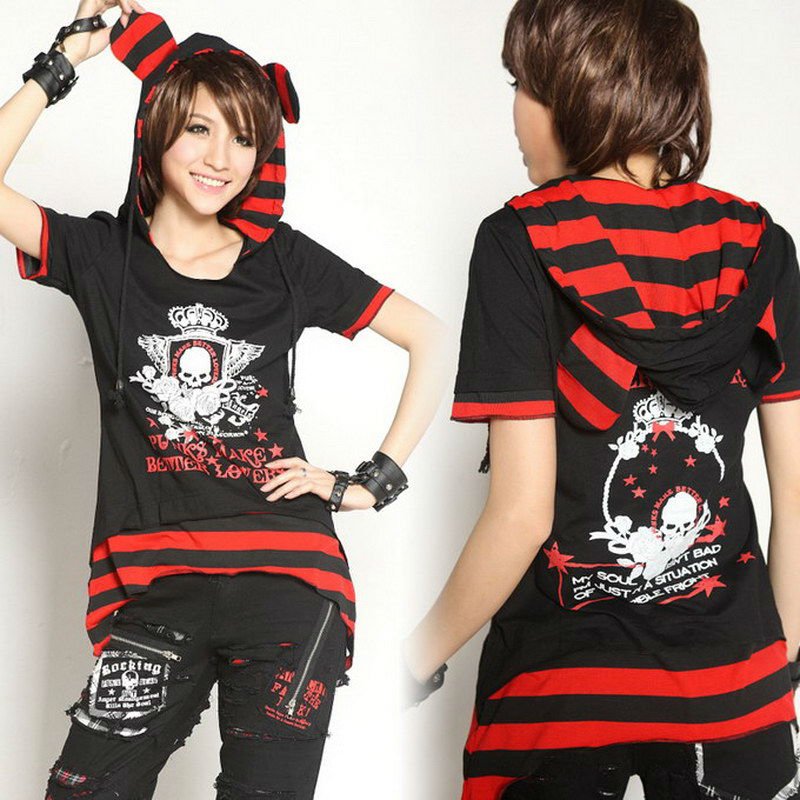 Glpストライプ猫耳・取り外し可能なフーディはゴスパンクエモarmwarmers小さな黒/red71212-トレーナー、パーカー問屋・仕入れ・卸・卸売り