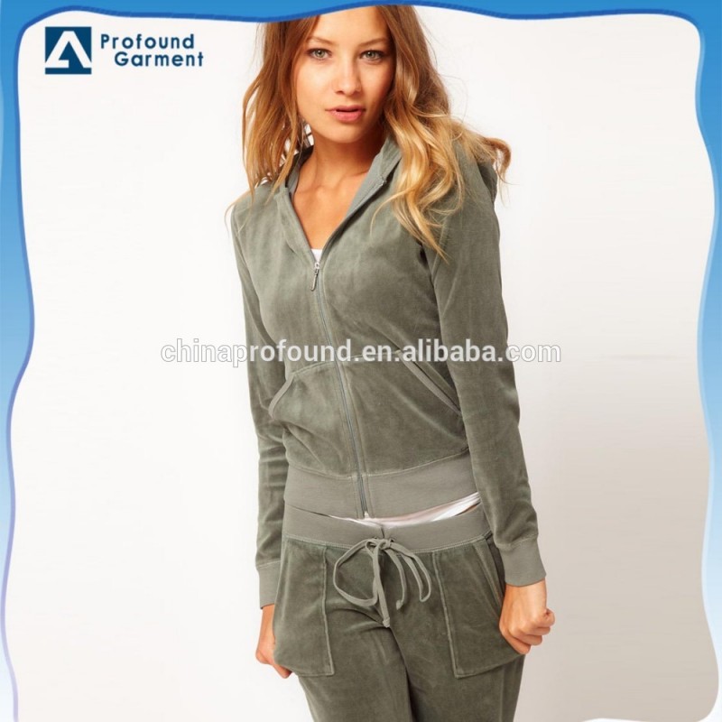 ソフト タッチ ソリッドグレー女性スリム フィット卸売ベロア パーカー と パンツ セット-トレーナー、パーカー問屋・仕入れ・卸・卸売り