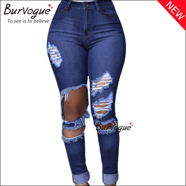 Burvogue女性ブルーデニムスキニーパンツ破れたバットリ卸売-ジーンズ問屋・仕入れ・卸・卸売り
