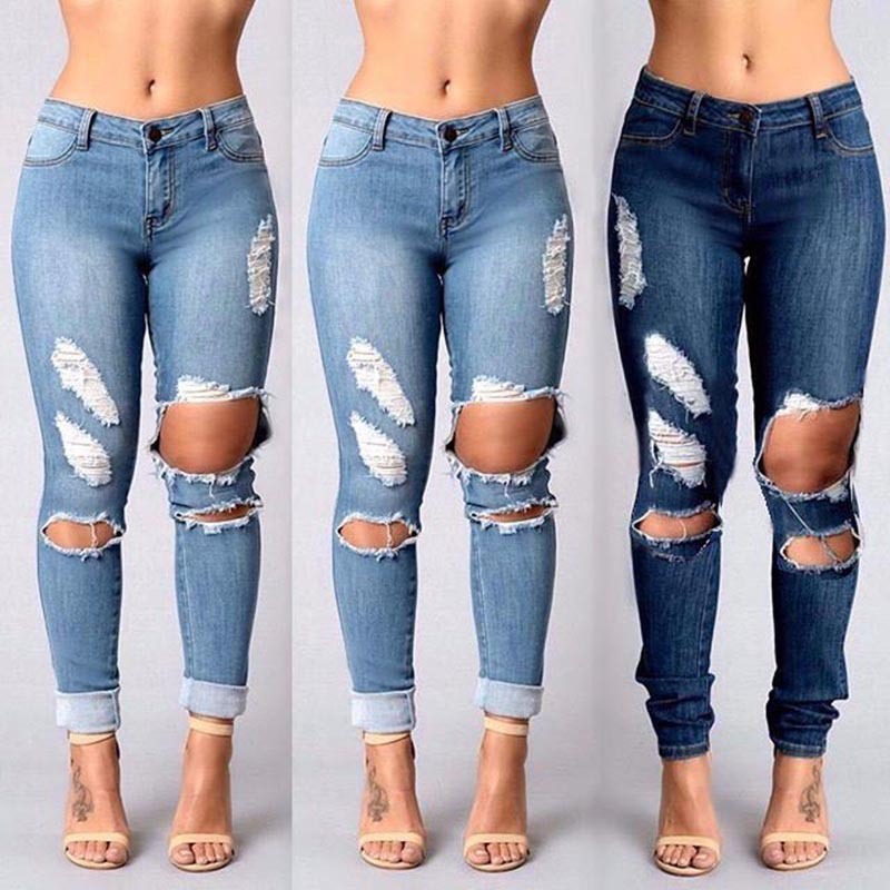 B10343Aヨーロッパ女性ボーイフレンド穴デニムジーンズ女性の穴ジーンズ熱い販売デニムズボン-ジーンズ問屋・仕入れ・卸・卸売り