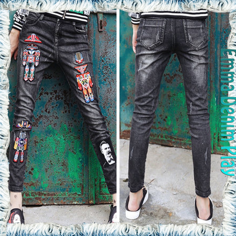 2016新しい夏破れファッションロボット刺繍入りボーイフレンドデニムジーンズのための女性-ジーンズ問屋・仕入れ・卸・卸売り