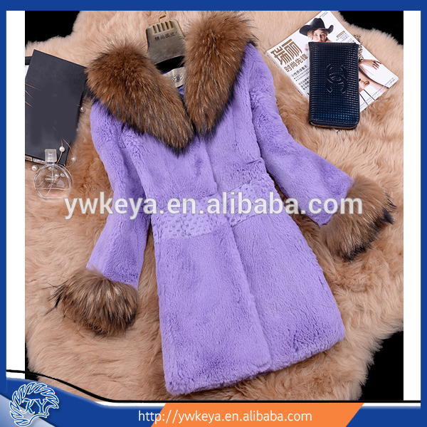 縫合糸スリムスタイル2015冬本物のウサギの毛皮の襟付きコートの女性-コート問屋・仕入れ・卸・卸売り
