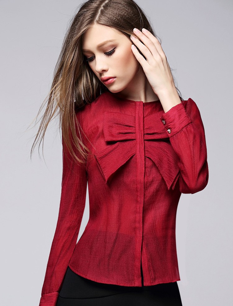 ファッション赤い色のラウンドネックちょう結びlond袖オフィス女性のリネンのシャツブラウス-婦人用トップス、ブラウス問屋・仕入れ・卸・卸売り