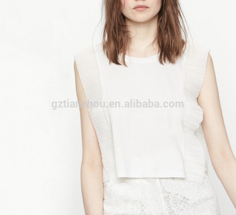 中国良い価格oemアパレル卸売100%綿細かいジャージーラウンドネックノースリーブ短いカットフリルtシャツのための女性-プラスサイズシャツ、ブラウス問屋・仕入れ・卸・卸売り