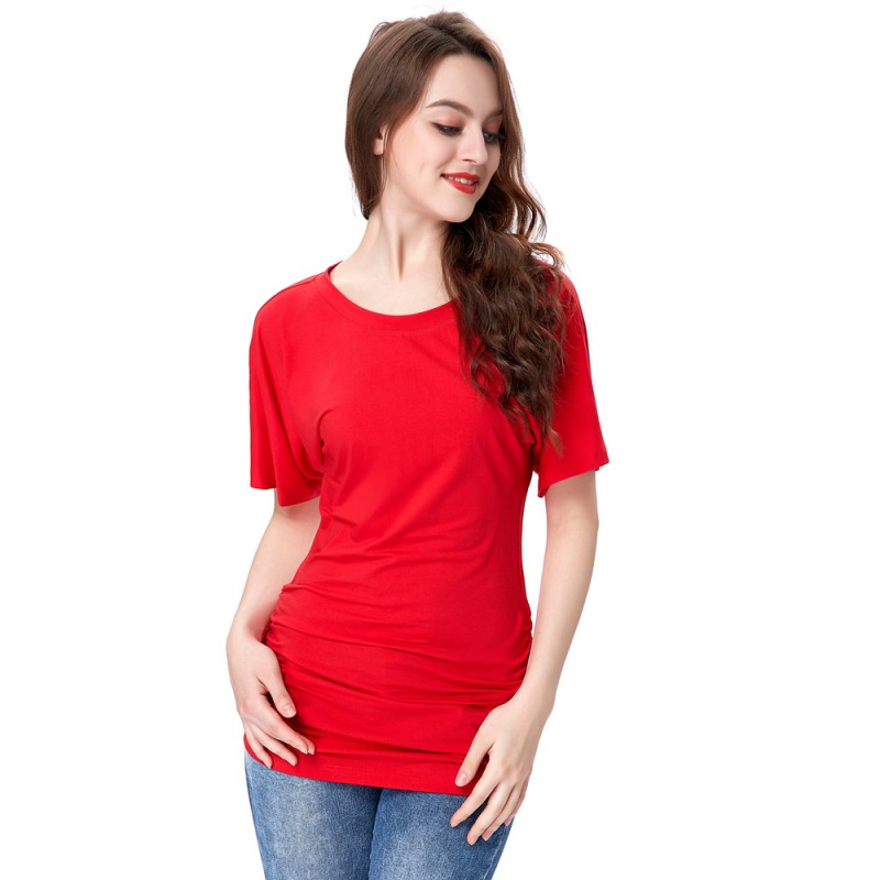 ケイトkasin女性の短い袖着物ドルマンスリーブラウンドネックシャーリングレッドtシャツトップKK000240-1-Tシャツ問屋・仕入れ・卸・卸売り