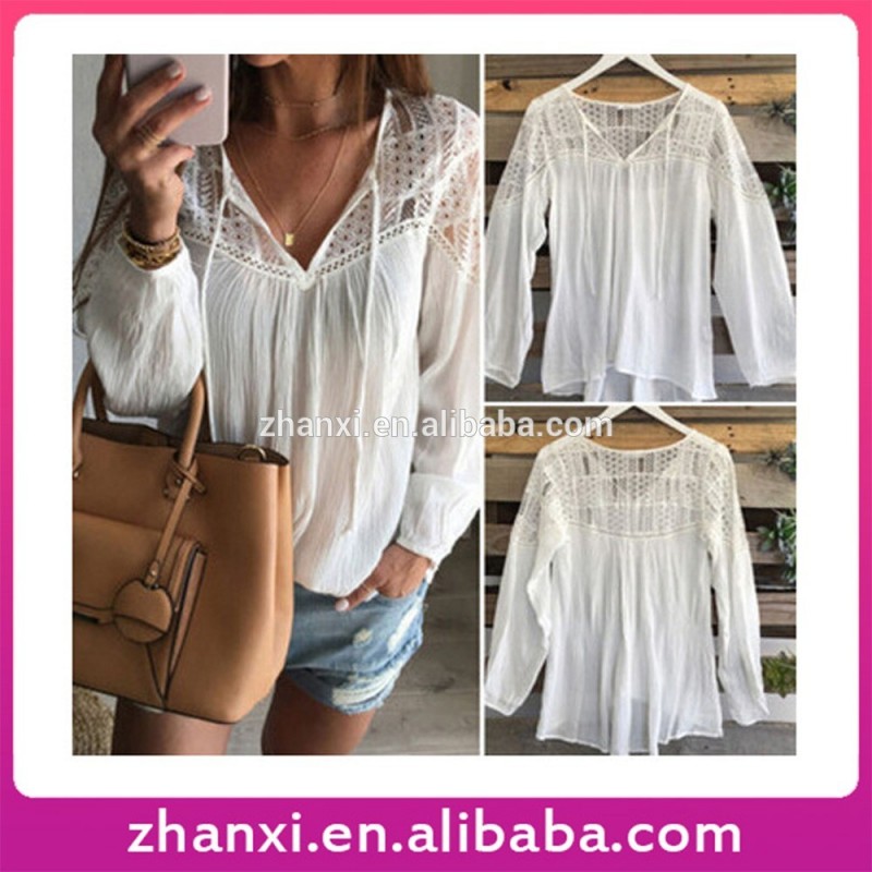 夏カジュアルファッションソリッドカラー長袖白tシャツレースシャツ-婦人用トップス、ブラウス問屋・仕入れ・卸・卸売り