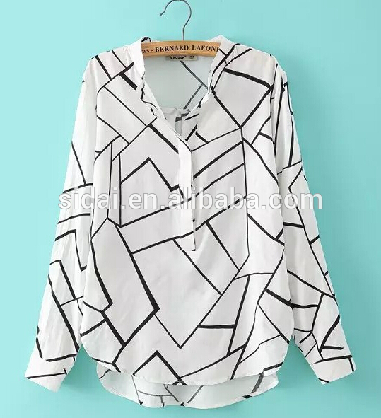 新しいファッション長袖幾何学プリントレディースコットンシャツblusa detalles-プラスサイズシャツ、ブラウス問屋・仕入れ・卸・卸売り
