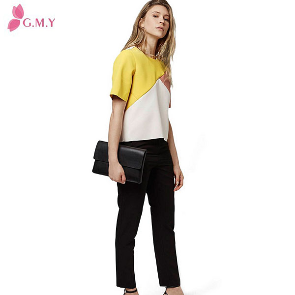 最新のデザイン三色ブロックシフォン半袖女の子トップブラウス-婦人用トップス、ブラウス問屋・仕入れ・卸・卸売り