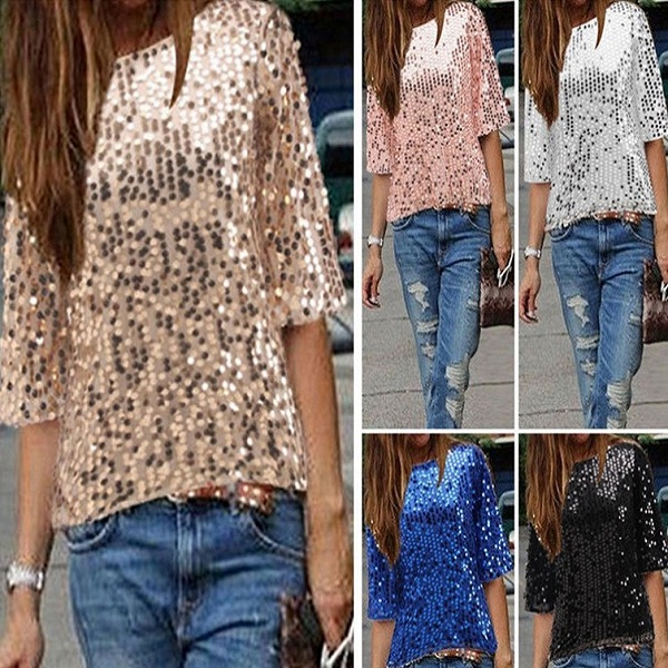 F40250A女性服ヨーロッパスタイルのファッションセクシーなレディーススパンコールtシャツ-婦人用トップス、ブラウス問屋・仕入れ・卸・卸売り