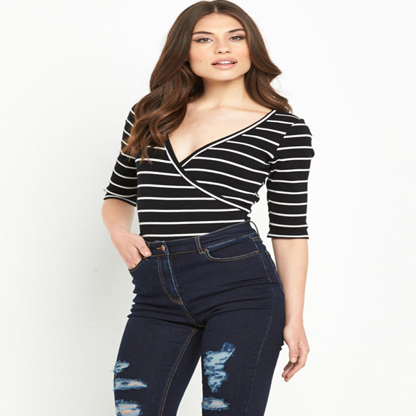 高品質レディースtシャツコットン生地女性ハーフスリーブトップスセクシーなvネックストライプ卸売女性シャツ-Tシャツ問屋・仕入れ・卸・卸売り