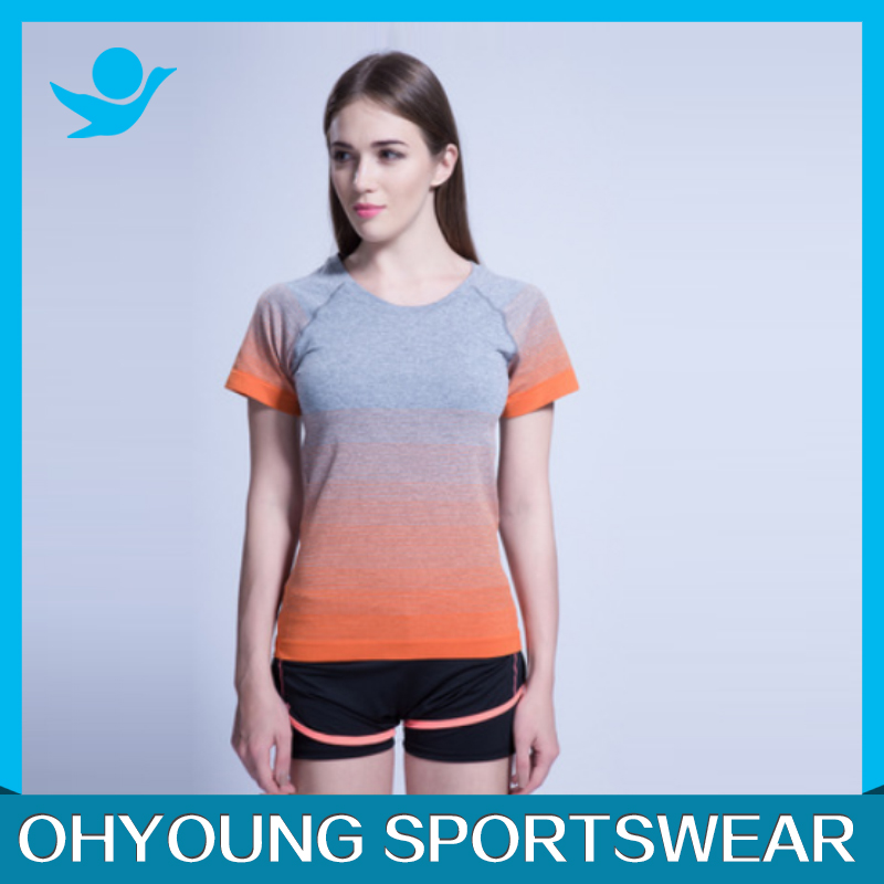 新しいファッショングラデーションカラースポーツショートtシャツ、女性カジュアルクイックドライフィットネスジムランニングoネック半袖tシャツトップス-Tシャツ問屋・仕入れ・卸・卸売り