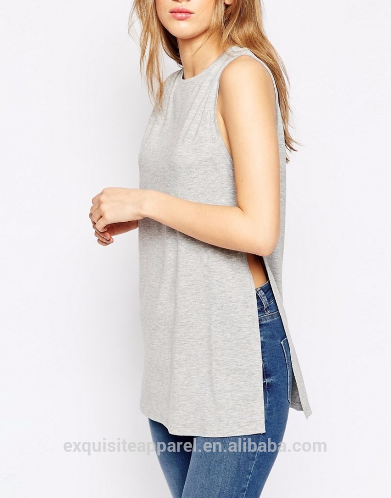 2016カスタムデザインサイド女性分割tシャツノースリーブ卸売グレー色最も人気カラーtシャツ-Tシャツ問屋・仕入れ・卸・卸売り