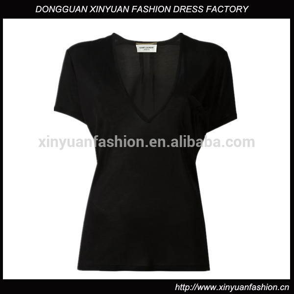 カスタムレディースvネックブランク平野tシャツ、純粋な黒コットンvネックtシャツのための女性-Tシャツ問屋・仕入れ・卸・卸売り