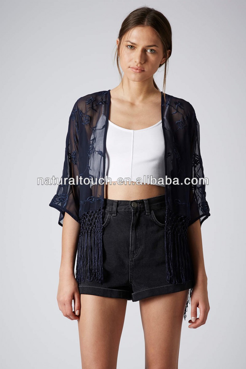 ファッションを2014年濃紺色のフリンジ付き半袖の着物の女性のtシャツ( ys30005)-婦人用トップス、ブラウス問屋・仕入れ・卸・卸売り