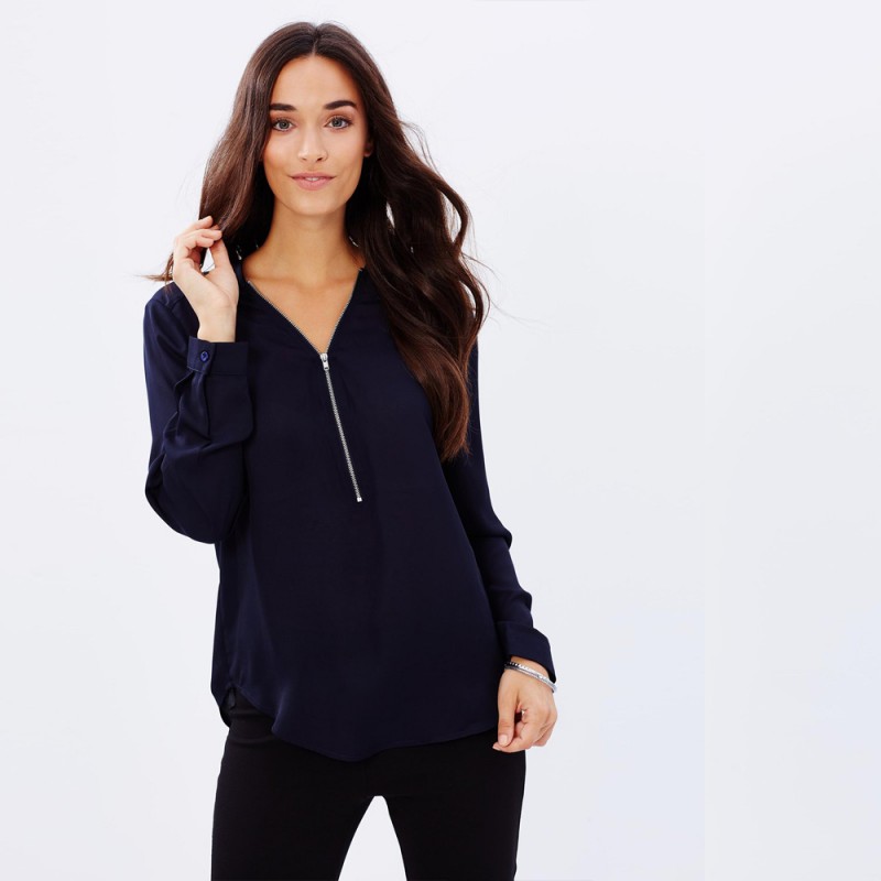 B079新しいファッション2015秋のvネックロングスリーブジッパーセクシーなシフォンブラウス女性作業着用blusas femininas長袖-プラスサイズシャツ、ブラウス問屋・仕入れ・卸・卸売り