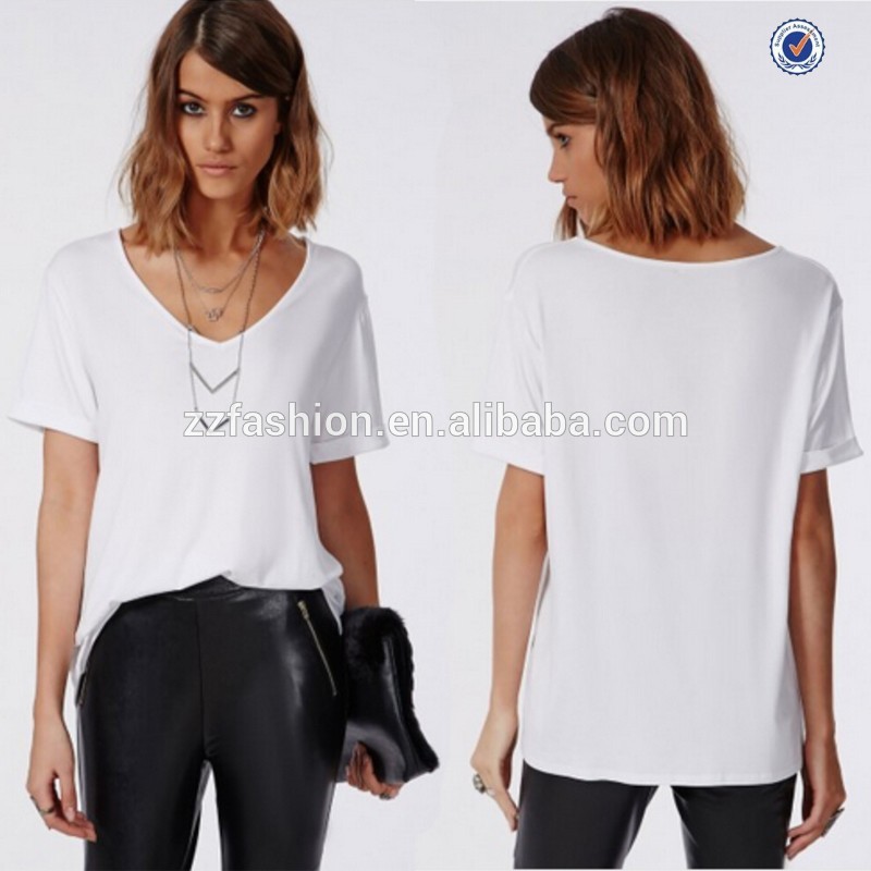 tシャツの女性のvネック白2015ボーイフレンド薄い綿のカスタム印刷-プラスサイズシャツ、ブラウス問屋・仕入れ・卸・卸売り
