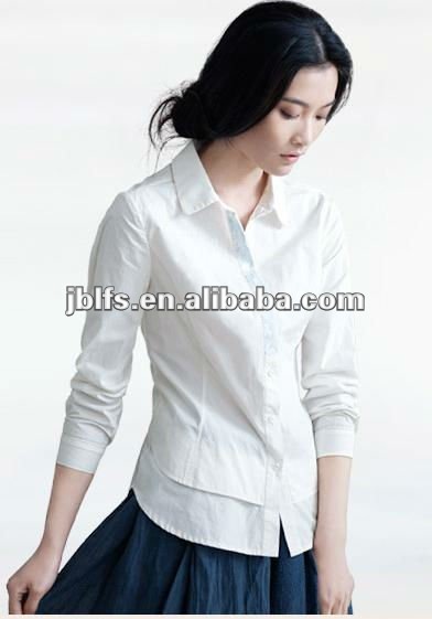 女性Essential Stretch Long Sleevesの白のワイシャツ-婦人用トップス、ブラウス問屋・仕入れ・卸・卸売り