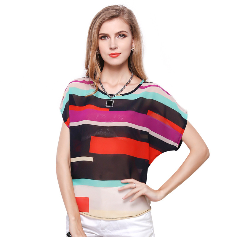 B10680A女性プラスサイズストライプシフォンシャツバット袖シフォントップス用レディシフォンブラウス-プラスサイズシャツ、ブラウス問屋・仕入れ・卸・卸売り