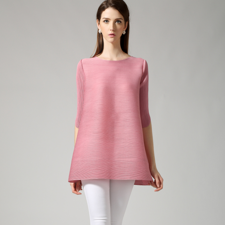 純粋な色イッセイ・ミヤケ衣類プリーツプリーツ女性ブラウス甘いピンクの色のtシャツ-プラスサイズシャツ、ブラウス問屋・仕入れ・卸・卸売り