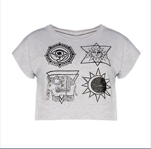 新しい到着の作物のトップスクロップドoネックtシャツ半袖の女性服女性幾何学的なトロピカルプリントt- シャツ-Tシャツ問屋・仕入れ・卸・卸売り