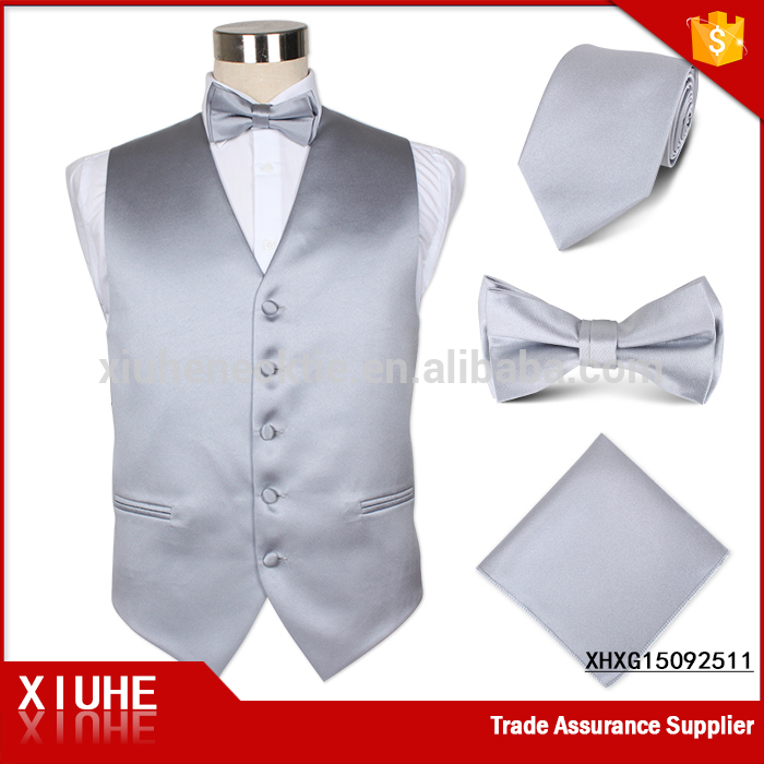 中国グレーソリッド色のチョッキネクタイ付きセット、 弓とポケット正方形-ベスト問屋・仕入れ・卸・卸売り