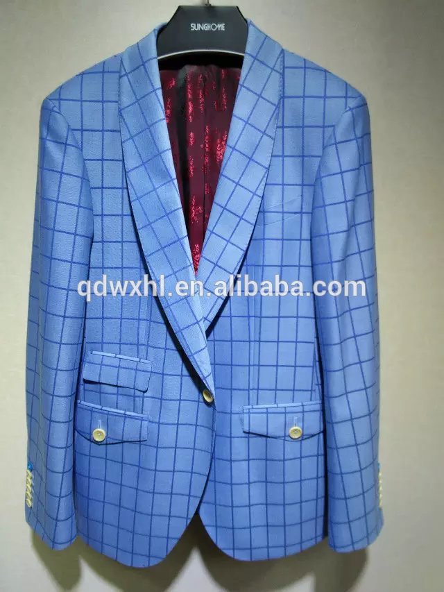 小さなグリッドオフィス2015韓国スタイルウール100％濃いbule二つのボタン男性用タキシード-スーツ、タキシード問屋・仕入れ・卸・卸売り