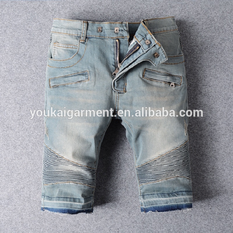 ファッションヨーロッパスタイル男性高品質ヴァンテージバイカージーンズショーツ卸売中国デニムバイカージーンズストレートハーフパンツ-ジーンズ問屋・仕入れ・卸・卸売り
