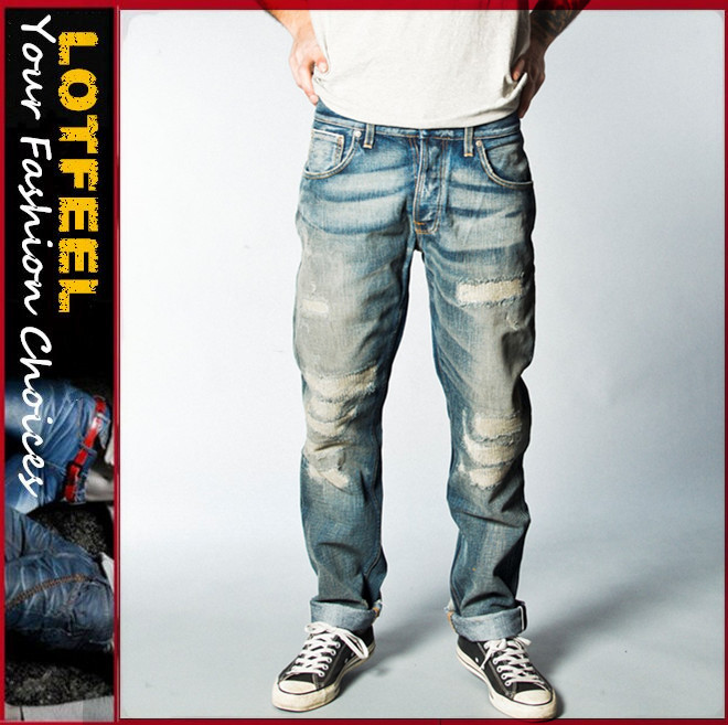 Selvedgeのデニムのジーンズ苦しめられたスタイリッシュパンツ男性卸売安いジーンズ( lotn020)-ジーンズ問屋・仕入れ・卸・卸売り