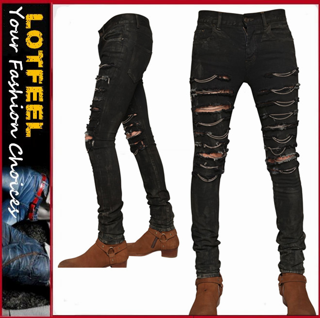 ユーズド加工ストレッチデニムジーンズを破壊した男デニムジーンズパンツジーンズホットパンツ( LOTM109)-ジーンズ問屋・仕入れ・卸・卸売り