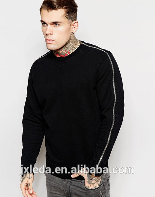 黒ジップ袖クルーネック無地セーター、ハイファッションメンズ衣服カスタム-トレーナー、パーカー問屋・仕入れ・卸・卸売り