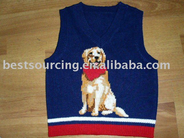 の子供の衣類の綿ニットインターシャ7gg犬の少年のセータープルオーバートップbs-450の乳児のベスト-キッズ服　ベスト問屋・仕入れ・卸・卸売り