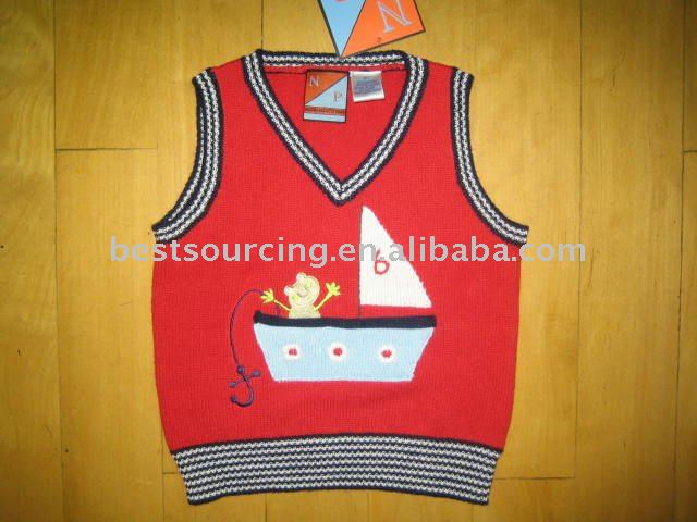 乳児・幼児の衣類の綿の子供の春ニット7ggインターシャセイルボートの男の子の子供のベストのトッププルオーバーセーターbs-692-キッズ服　ベスト問屋・仕入れ・卸・卸売り
