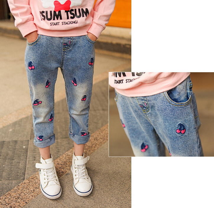 2016ファッションチェリーデザイン女の子デニムジーンズパンツ-キッズ服　ジーンズ問屋・仕入れ・卸・卸売り