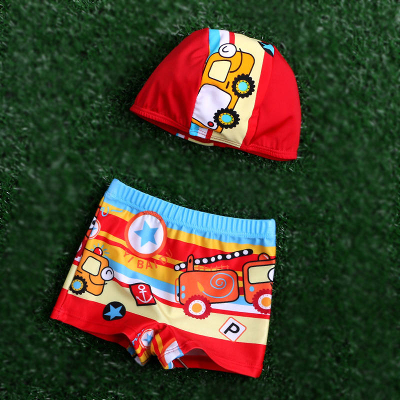 1セット男の子の漫画バス水泳トランクと水泳キャップ用2-9ys、子供キッズレッドスイミングショーツ、カスタマイズビーチウェア-キッズ服　半ズボン問屋・仕入れ・卸・卸売り