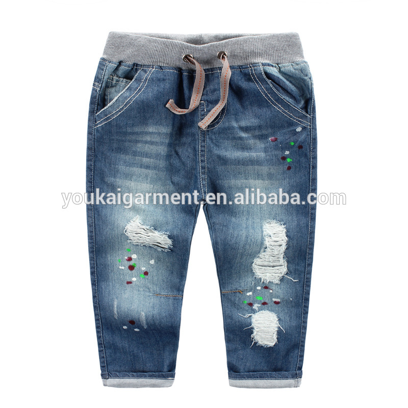 Oem男の子カジュアルファッションデニム破れた弾性ウエストバンド子供刺繍入りジーンズ-キッズ服　ジーンズ問屋・仕入れ・卸・卸売り