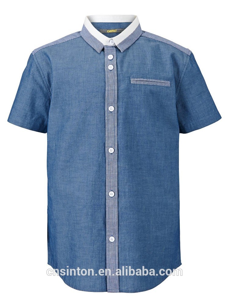 シャンブレーと半袖シャツ男の子コントラスト千鳥格子パネル-キッズ服　シャツ、トップス問屋・仕入れ・卸・卸売り