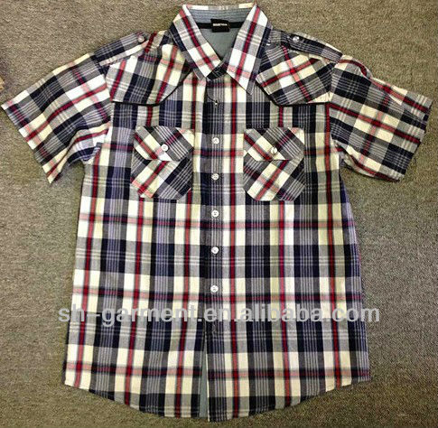 男児100％ネイビーc/コントラスト赤のチェック半袖シャツ-キッズ服　シャツ、トップス問屋・仕入れ・卸・卸売り