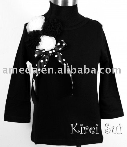 黒い長い袖の束pettitopと白と黒のロゼット-キッズ服　シャツ、トップス問屋・仕入れ・卸・卸売り