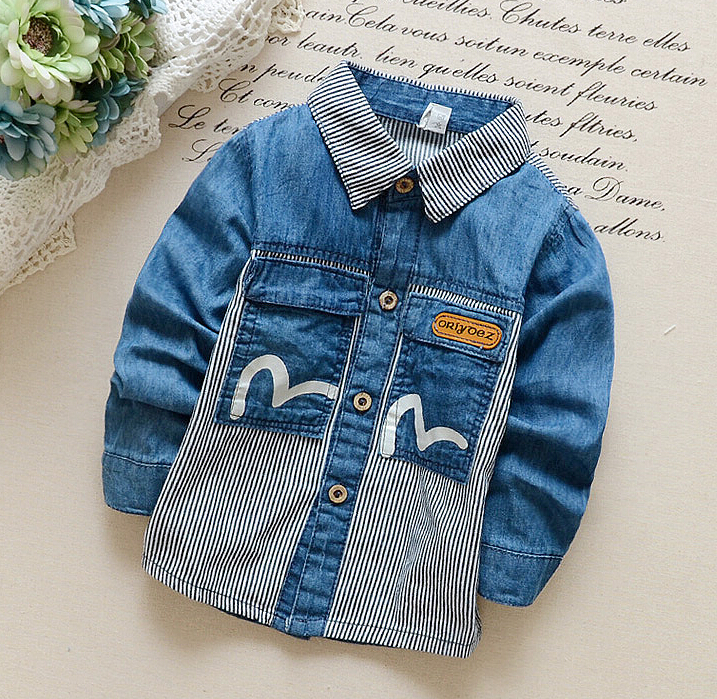 ファッション秋子供男の子デニムコットンシャツ長袖で印刷-キッズ服　シャツ、トップス問屋・仕入れ・卸・卸売り