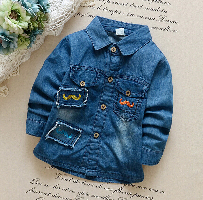 最新のファッションアップリケデニムシャツ用男の子長袖トップス-キッズ服　シャツ、トップス問屋・仕入れ・卸・卸売り